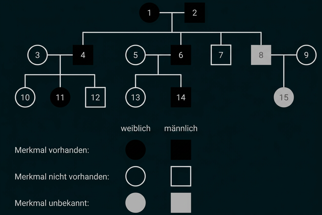 Stammbaum mit gekennzeichneten Personen, bei denen ein Merkmal vorhanden, nicht vorhanden oder unbekannt ist.